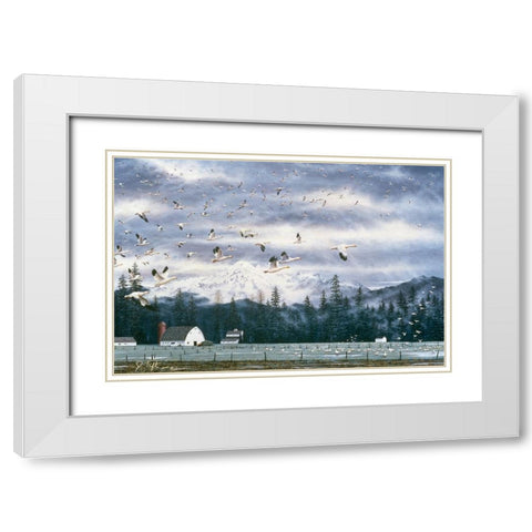 Geese Flying Over Farmland White Modern Wood Framed Art Print with Double Matting by Tift, Jeff