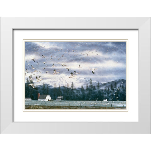 Geese Flying Over Farmland White Modern Wood Framed Art Print with Double Matting by Tift, Jeff