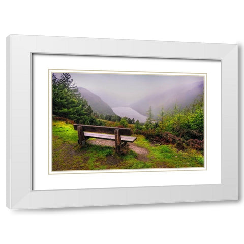 Bench Over the Upper Lake in Glendalough Ireland White Modern Wood Framed Art Print with Double Matting by Jenny Rainbow Fine Art