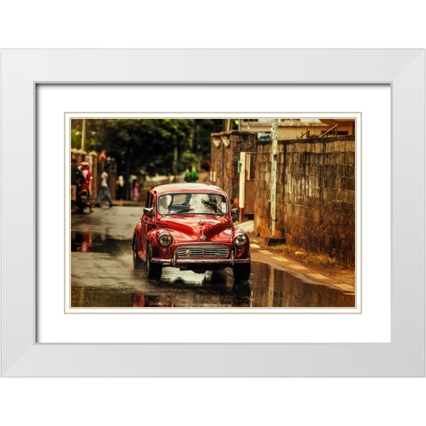 Red Retromobile Morris Minor White Modern Wood Framed Art Print with Double Matting by Jenny Rainbow Fine Art