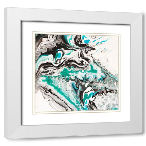 Fluid Acrylic On Emerald Waves 1 White Modern Wood Framed Art Print with Double Matting by Jenny Rainbow Fine Art