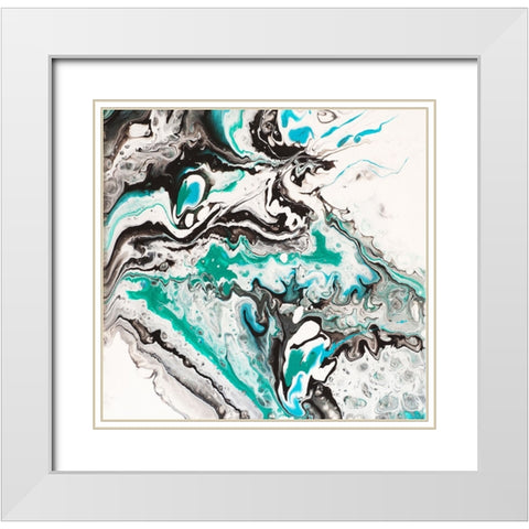 Fluid Acrylic On Emerald Waves 1 White Modern Wood Framed Art Print with Double Matting by Jenny Rainbow Fine Art