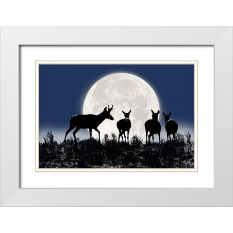 Antelope Pronghorn Silhouettes and Moon White Modern Wood Framed Art Print with Double Matting by Schell, Jennie Marie