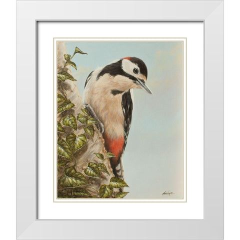 WoodPecker and Ivy White Modern Wood Framed Art Print with Double Matting by Silver, John
