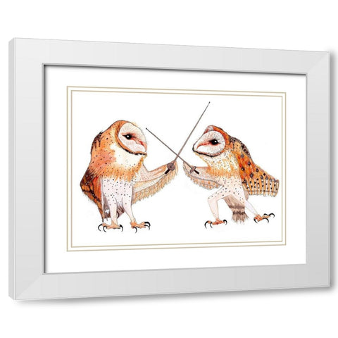 Dueling Owls White Modern Wood Framed Art Print with Double Matting by Kwerki Studios