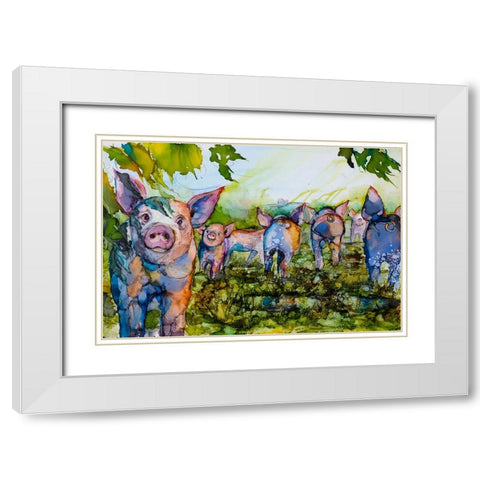 Pig Tales White Modern Wood Framed Art Print with Double Matting by Art by Leslie Franklin