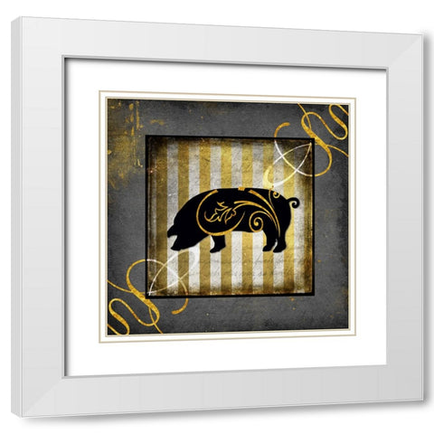 Gold Welcome To Our Bistro Pig White Modern Wood Framed Art Print with Double Matting by LightBoxJournal