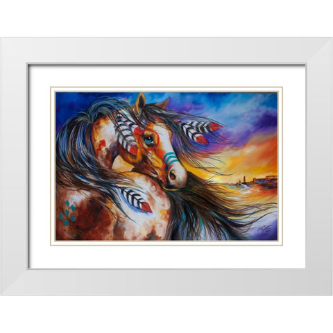 5 Feathers Indian War Horse White Modern Wood Framed Art Print with Double Matting by Baldwin, Marcia