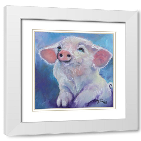 Feed Me Little Pink Piglet White Modern Wood Framed Art Print with Double Matting by Baldwin, Marcia