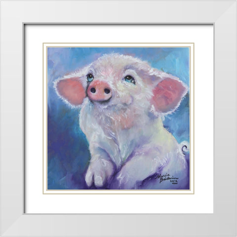 Feed Me Little Pink Piglet White Modern Wood Framed Art Print with Double Matting by Baldwin, Marcia