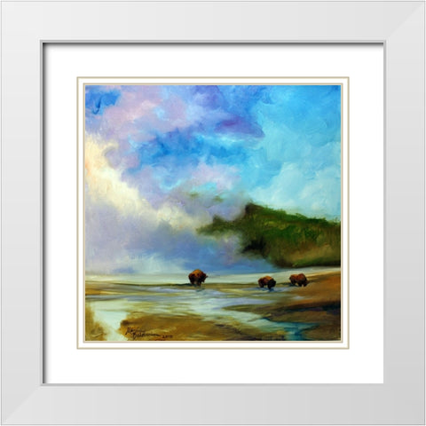 Yellowstone Buffalo Landscape White Modern Wood Framed Art Print with Double Matting by Baldwin, Marcia