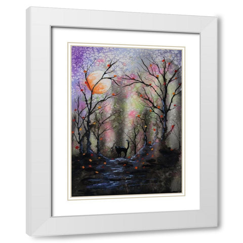 Black Cat In Forest White Modern Wood Framed Art Print with Double Matting by Wickstrom, Martin