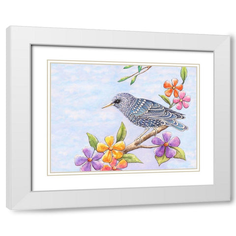 Starling Bird with Flowers White Modern Wood Framed Art Print with Double Matting by Wickstrom, Martin