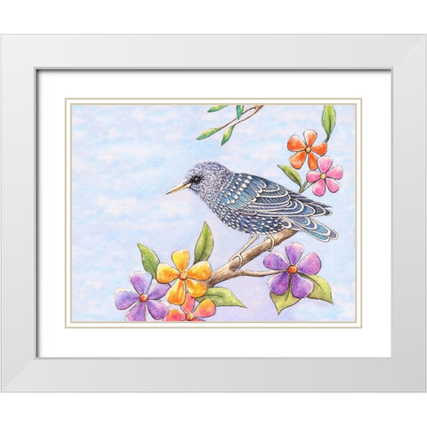 Starling Bird with Flowers White Modern Wood Framed Art Print with Double Matting by Wickstrom, Martin