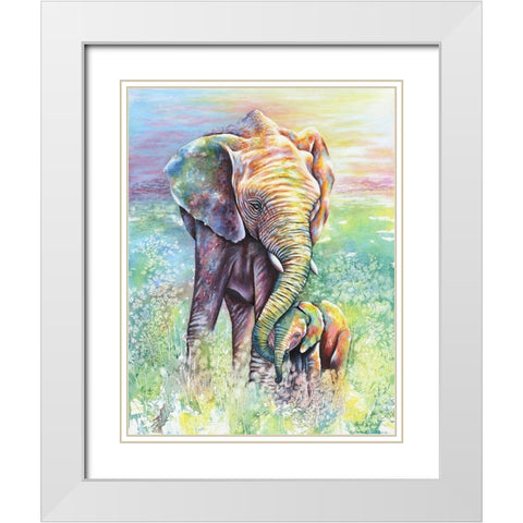 Mother And Baby Elephant Rainbow Colors White Modern Wood Framed Art Print with Double Matting by Wickstrom, Martin