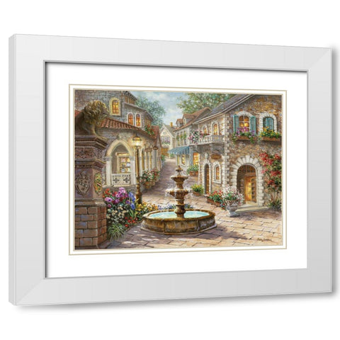 Cobblestone Fountain White Modern Wood Framed Art Print with Double Matting by Boehme, Nicky