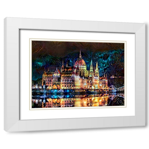 Budapest Hungary Parliament at night White Modern Wood Framed Art Print with Double Matting by Gavidia, Pedro