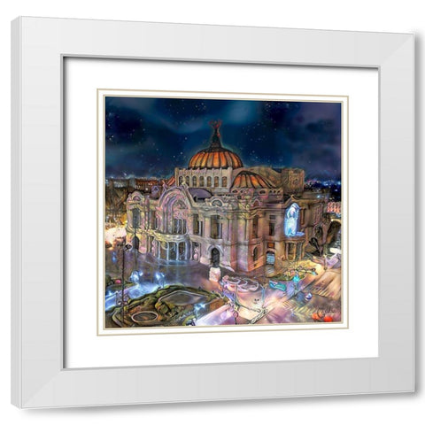 Mexico City Palace of Fine Arts at night White Modern Wood Framed Art Print with Double Matting by Gavidia, Pedro