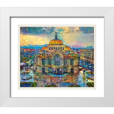 Mexico City Palace of Fine Arts in the rain White Modern Wood Framed Art Print with Double Matting by Gavidia, Pedro