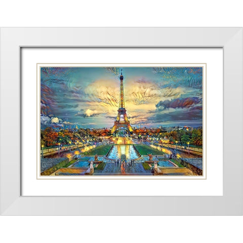 Paris France  Fontaines de Chaillot and Eiffel Tower seen from the Place du Trocadero White Modern Wood Framed Art Print with Double Matting by Gavidia, Pedro