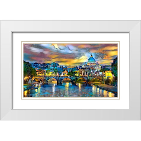 Vatican City Saint Peter Basilica and bridge by night White Modern Wood Framed Art Print with Double Matting by Gavidia, Pedro