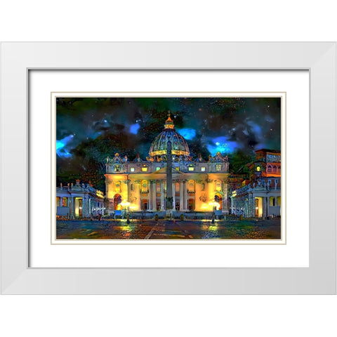 Vatican City Saint Peter Basilica at night White Modern Wood Framed Art Print with Double Matting by Gavidia, Pedro