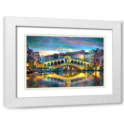 Venice Italy Rialto Bridge at night White Modern Wood Framed Art Print with Double Matting by Gavidia, Pedro