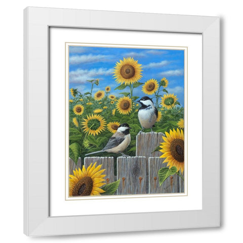 Chickadees And Sunflowers White Modern Wood Framed Art Print with Double Matting by Wavra, Robert