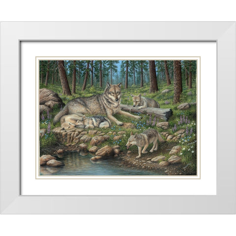 Grey Wolf Mother And Pups White Modern Wood Framed Art Print with Double Matting by Wavra, Robert