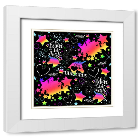 Neon Unicorn Pattern White Modern Wood Framed Art Print with Double Matting by Sheena Pike Art