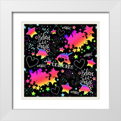 Neon Unicorn Pattern White Modern Wood Framed Art Print with Double Matting by Sheena Pike Art