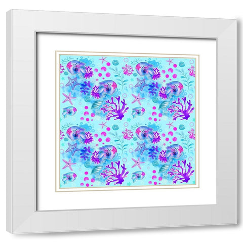 Neon Dolphin Pattern White Modern Wood Framed Art Print with Double Matting by Sheena Pike Art