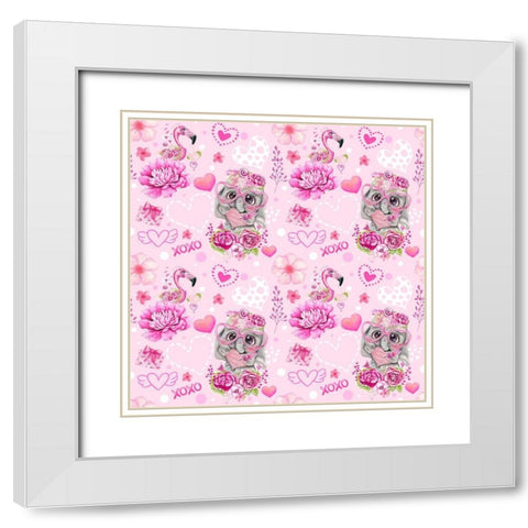 Pink Valentine Elephant And Flamingo Pattern White Modern Wood Framed Art Print with Double Matting by Sheena Pike Art