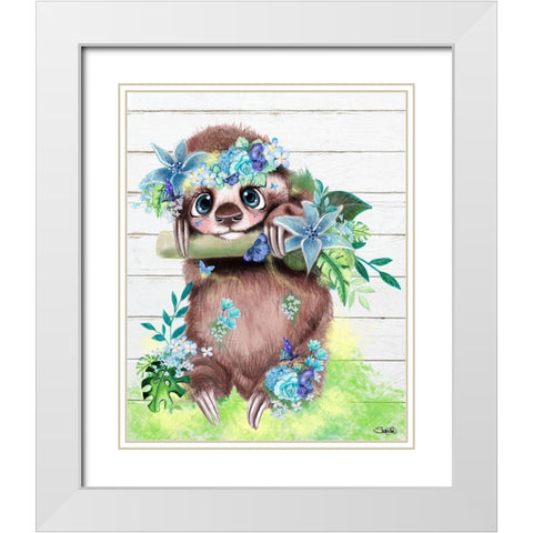 Just Hanging Out Butterfly Sloth White Modern Wood Framed Art Print with Double Matting by Sheena Pike Art