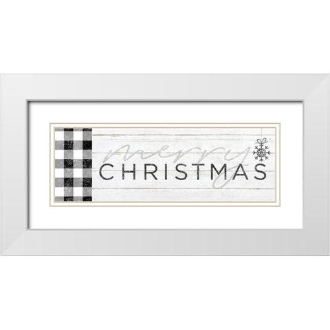 Merry Christmas Black and White Plaid White Modern Wood Framed Art Print with Double Matting by Sheena Pike Art