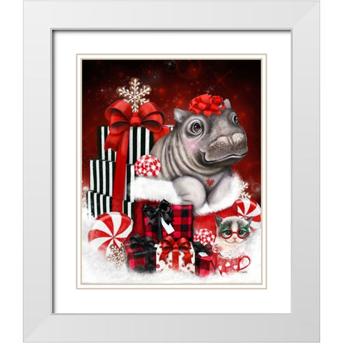 Cutesie Hippo Christmas Surprise White Modern Wood Framed Art Print with Double Matting by Sheena Pike Art