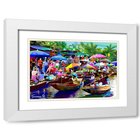 Tour The Floating Market No1 White Modern Wood Framed Art Print with Double Matting by Pansanit, Surapol
