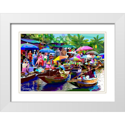 Tour The Floating Market No1 White Modern Wood Framed Art Print with Double Matting by Pansanit, Surapol