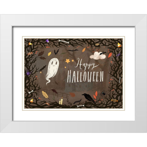 Grim Grinning Ghost White Modern Wood Framed Art Print with Double Matting by The Font Diva