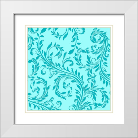 Aqua Teal Damask White Modern Wood Framed Art Print with Double Matting by Lavoie, Tina