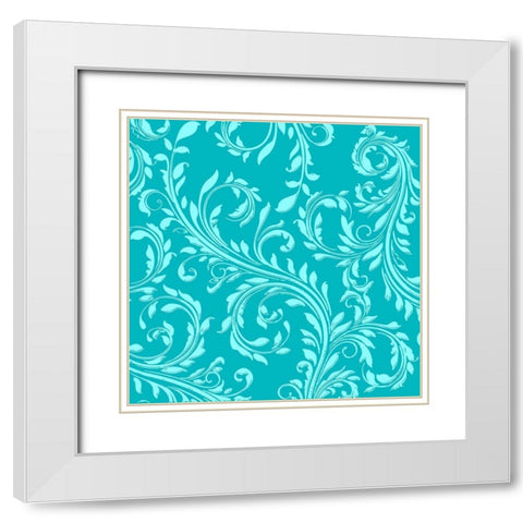 Teal Aqua Damask White Modern Wood Framed Art Print with Double Matting by Lavoie, Tina