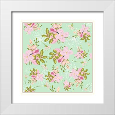 Pink Mint Floral Pattern White Modern Wood Framed Art Print with Double Matting by Lavoie, Tina