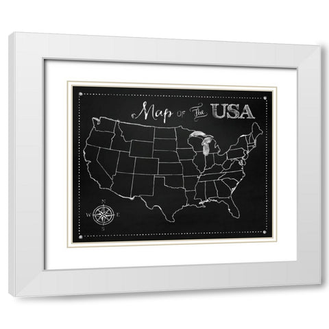 Chalkboard US Map White Modern Wood Framed Art Print with Double Matting by Lavoie, Tina