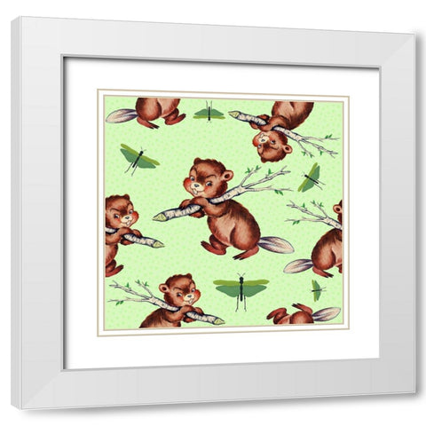 Cute Baby Beaver Pattern White Modern Wood Framed Art Print with Double Matting by Lavoie, Tina