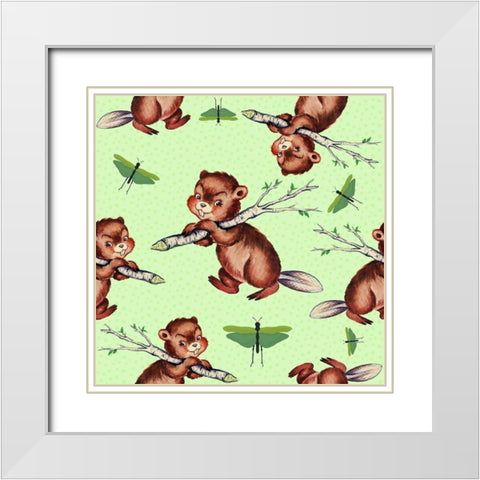 Cute Baby Beaver Pattern White Modern Wood Framed Art Print with Double Matting by Lavoie, Tina