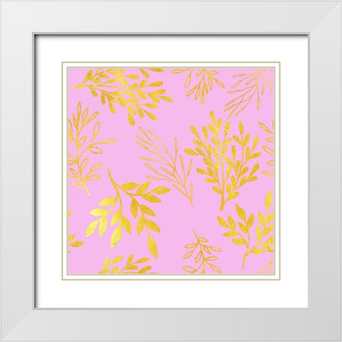 Golden Leaves on Pink Pattern White Modern Wood Framed Art Print with Double Matting by Lavoie, Tina