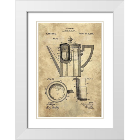 Coffee Or Tea Pot Blueprint - Industrial Farmhouse White Modern Wood Framed Art Print with Double Matting by Lavoie, Tina