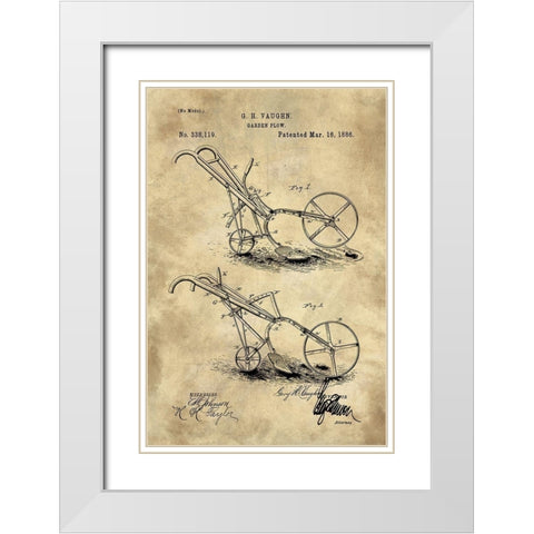 Garden Plow Blueprint Industrial Farmhouse White Modern Wood Framed Art Print with Double Matting by Lavoie, Tina