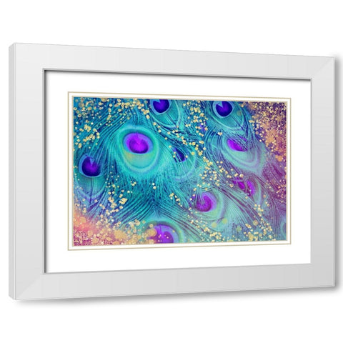 Aqua Rainbow Peacock Feathers White Modern Wood Framed Art Print with Double Matting by Lavoie, Tina