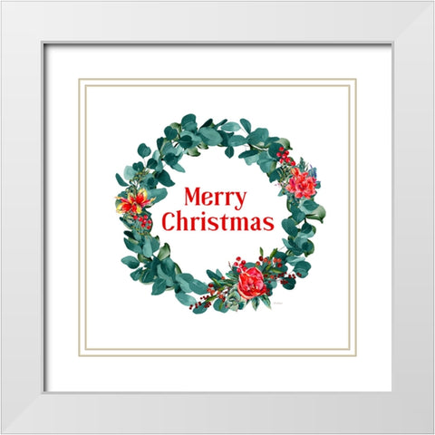 Merry Christmas Eucalyptus Wreath White Modern Wood Framed Art Print with Double Matting by Mitchell, Tina